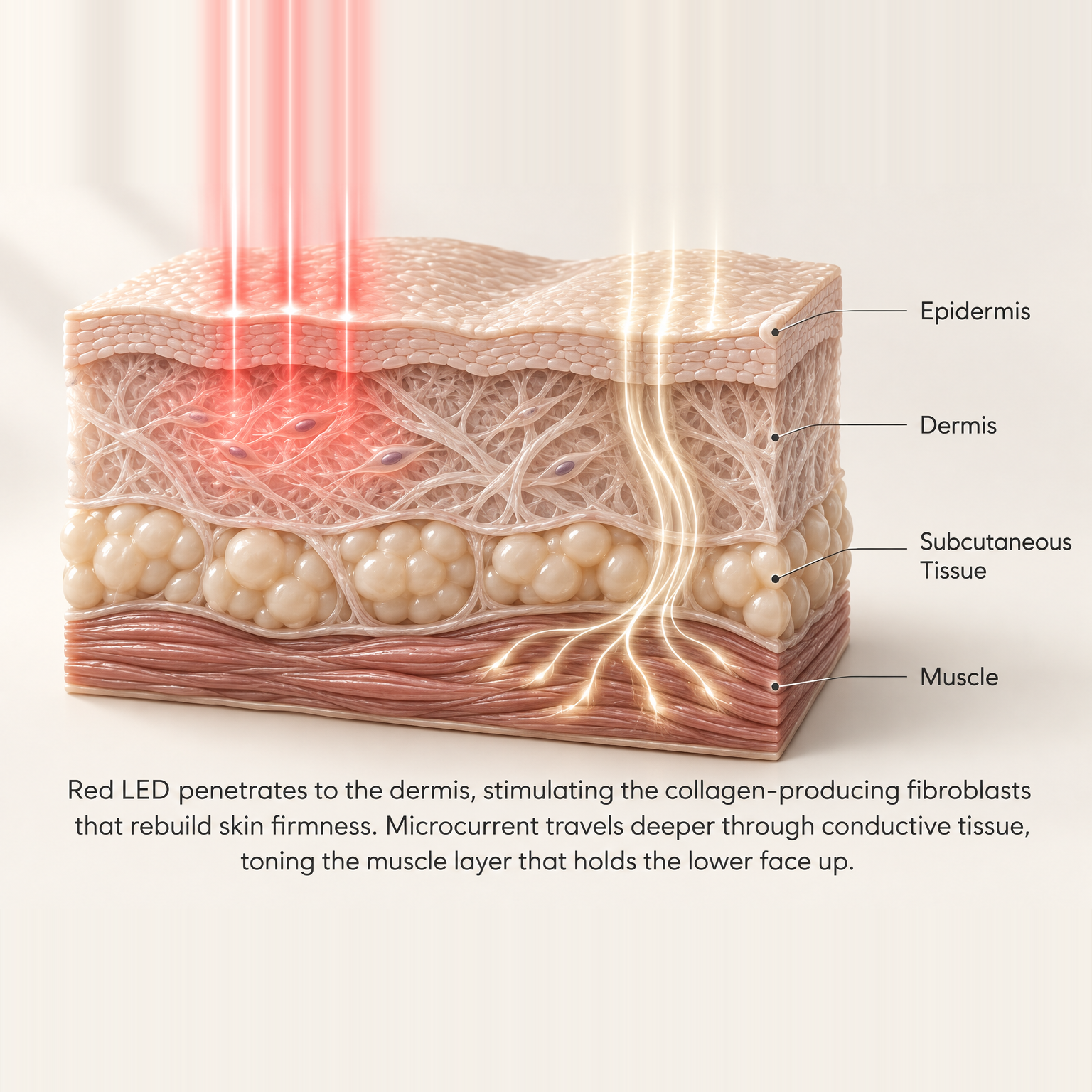 Cross section of skin showing red light reaching the dermis and microcurrent reaching the muscle layer